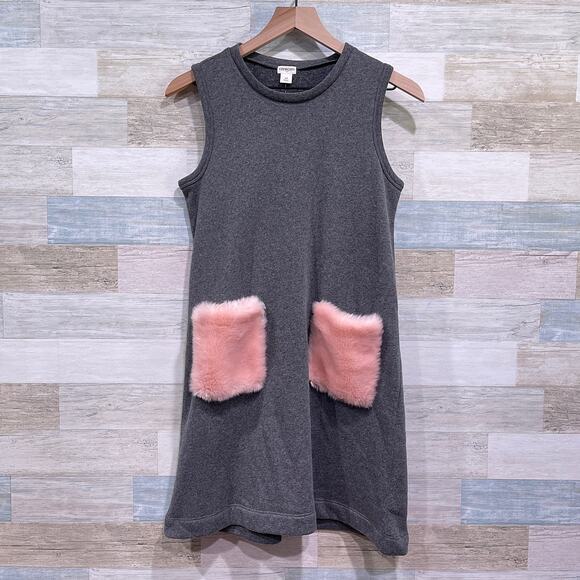 CREWCUTS J Crew Faux Fur Pocket Sweatshirt Dress Gray Sleeveless Cotton Girls 14 - Picture 1 of 7